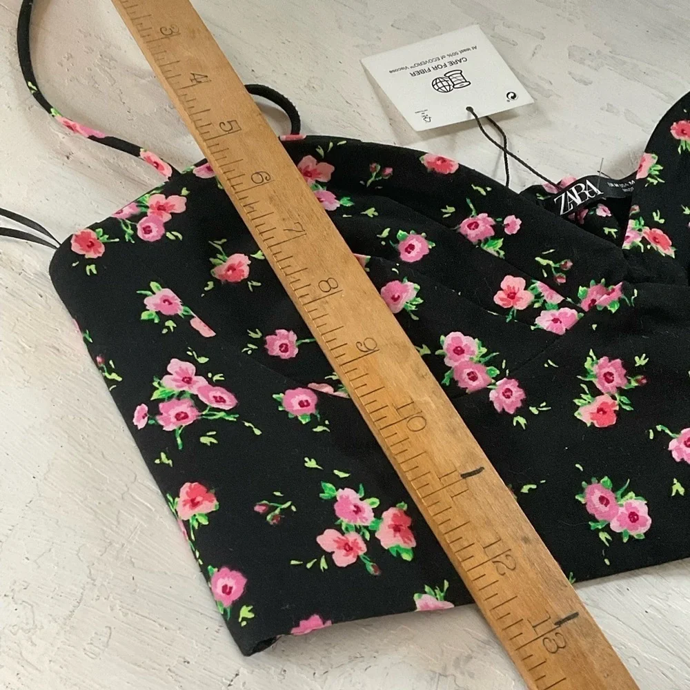 Zara Top Floral Crop‎ Bustier Black Pink Roses Viscose Corset Womens Size M NWT - Picture 10 of 10